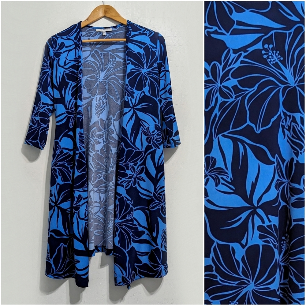 Ari South Hawaii blue hibiscus cover up cardigan duster top kaftan Open XS